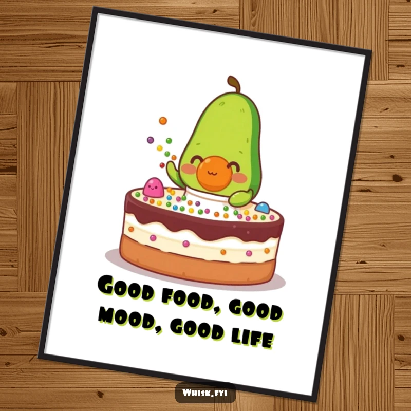 Funny Free Printable Wall Art: A determined green avocado character with a tiny apron meticulously sprinkles colorful dots onto a cake.