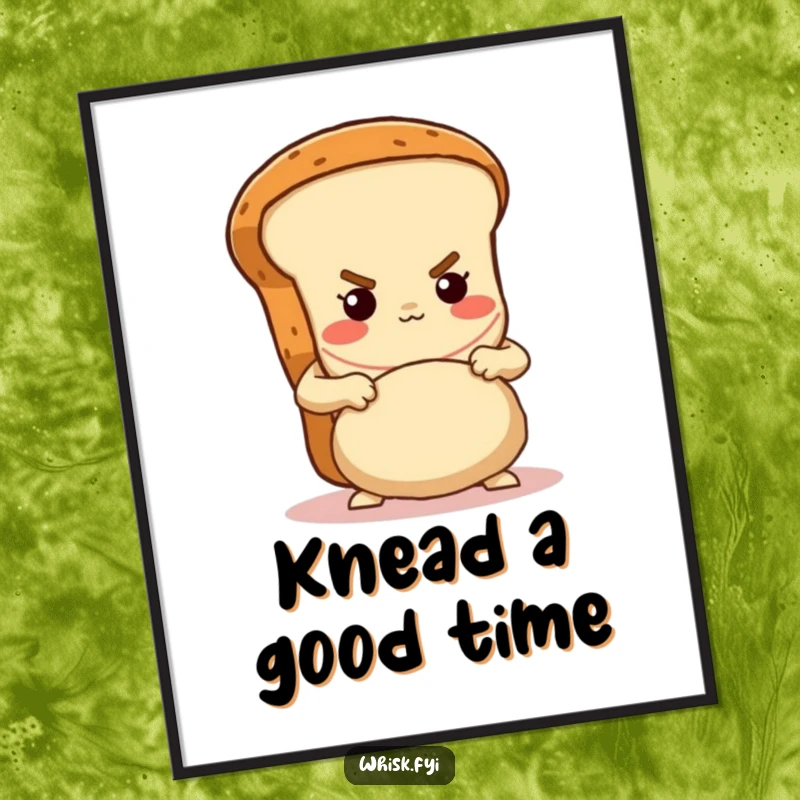 Funny Free Printable Wall Art: Determined brown bread loaf character kneading dough with gusto, rustic kitchen decor.