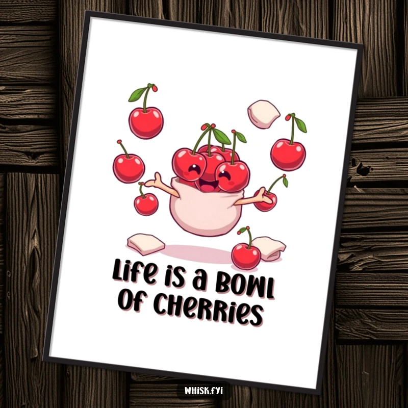 Funny Free Printable playful bunch of cherries juggling flour sacks, whimsical and humorous downloadable wall art for decor.