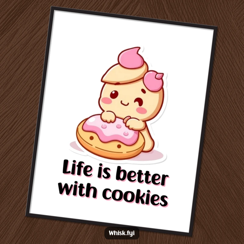 Funny Free Printable Wall Art A Kawaii cookie character with a joyful expression, decorating a cookie with colorful icing.