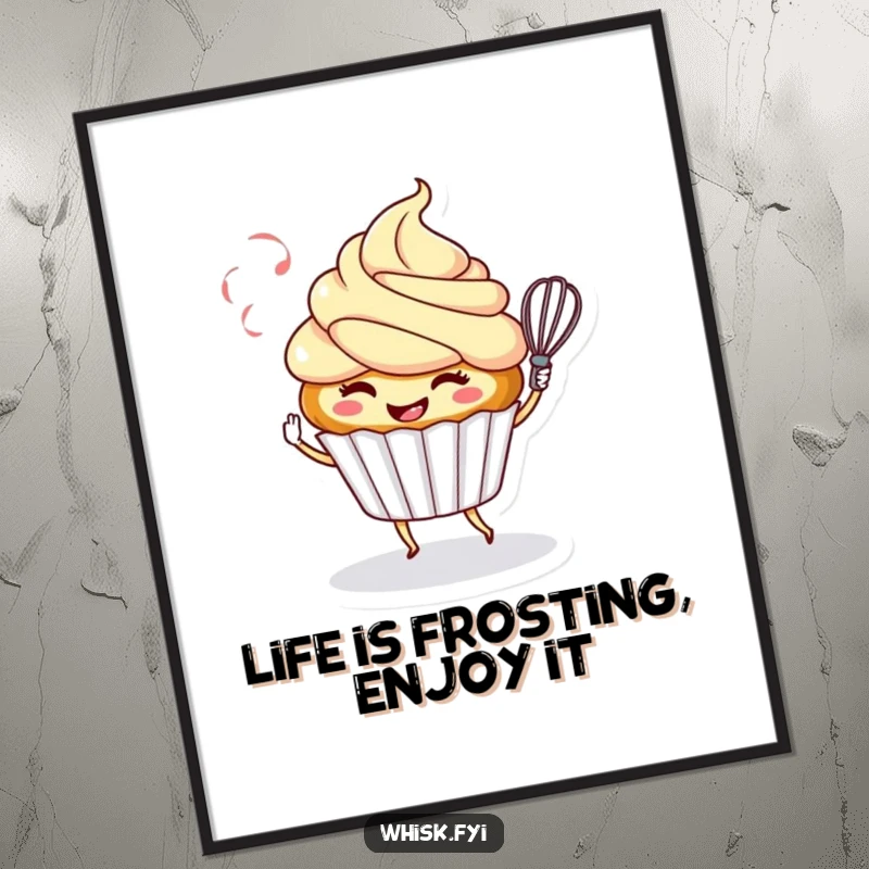 Funny Free Printable Wall Art: Smiling cupcake character playfully twirling a whisk, bringing sweet, humorous energy to your decor.