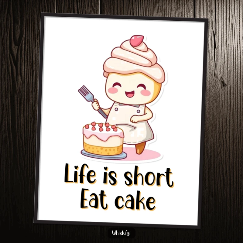 Funny Free Printable Wall Art: A smiling cupcake in an apron joyfully decorates a cake, adding a playful and sweet touch to any room.