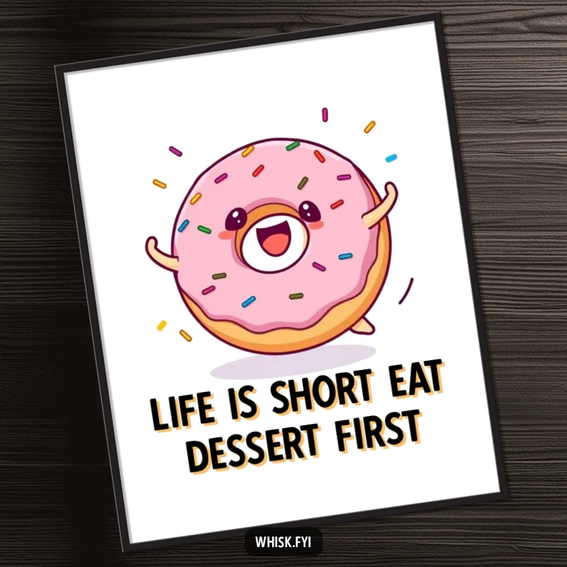 Funny Free Printable Donut Wall Art: depicting a joyful donut character mid-roll with dynamic sprinkles exploding outward.