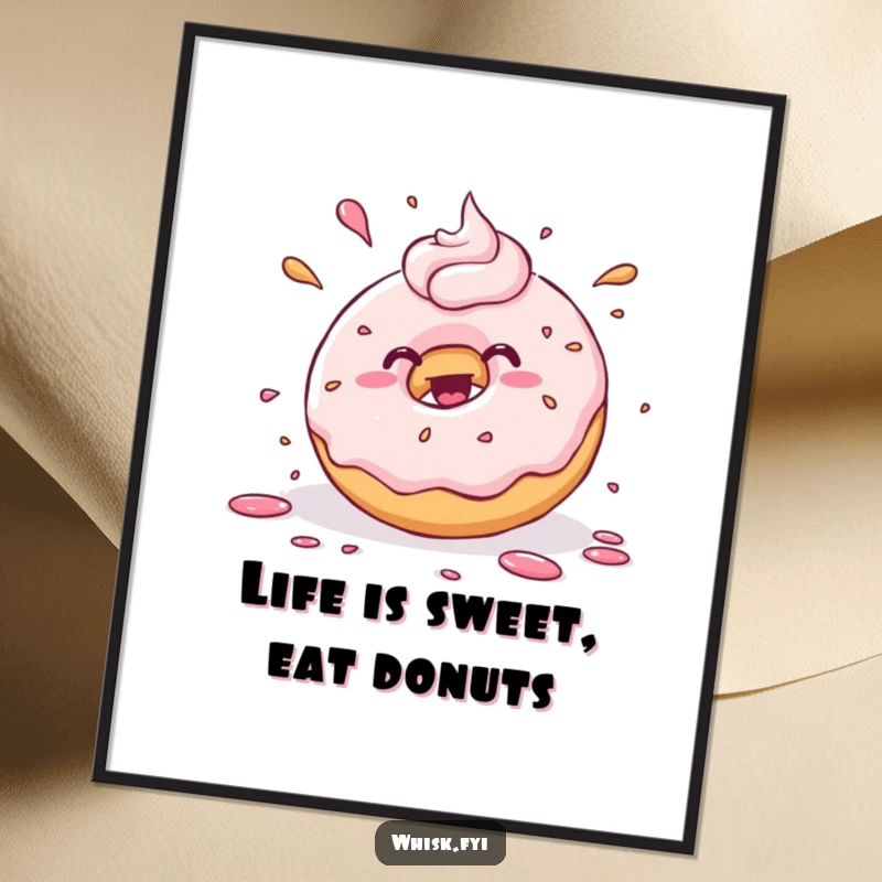 Funny Free Printable Wall Art: Kawaii donut joyfully splattering frosting with playful abandon, sweet decor.