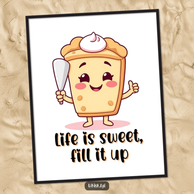 Funny Free Printable smiling slice of pie offering a piping bag, sweet and humorous downloadable wall art for decor.