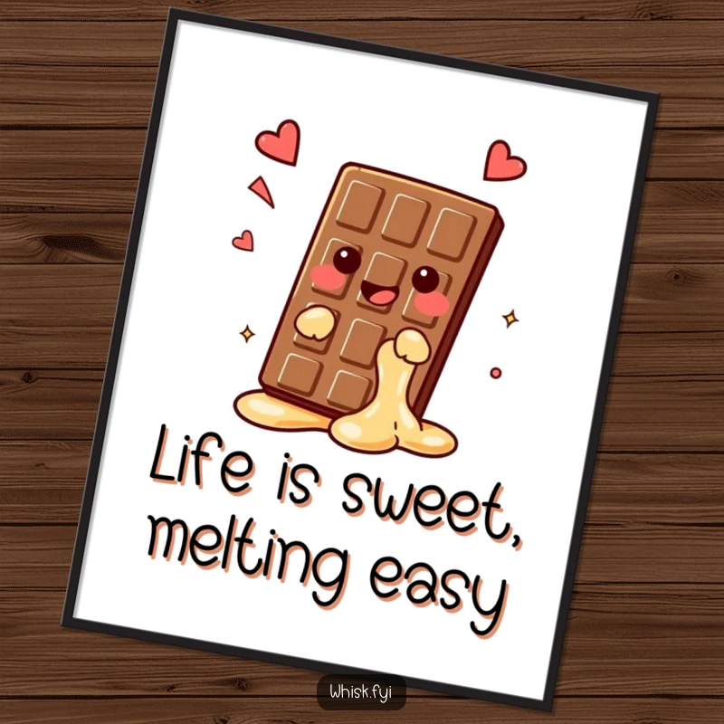 Free Printable Wall Art: A kawaii chocolate bar in the process of melting, emitting a contented, happy sigh.