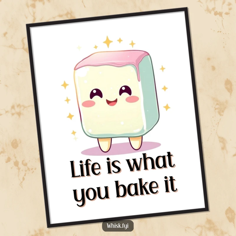 Funny free printable wall art of a radiant, smiling sugar cube character sparkling brightly and joyfully after being perfectly mixed.