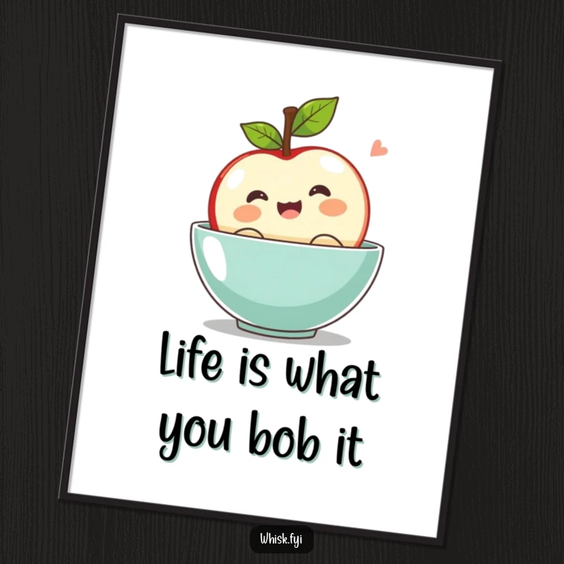 Funny Free Printable Wall Art: A kawaii apple happily bobs with great excitement in a clear bowl, radiating pure fun, ready to print.