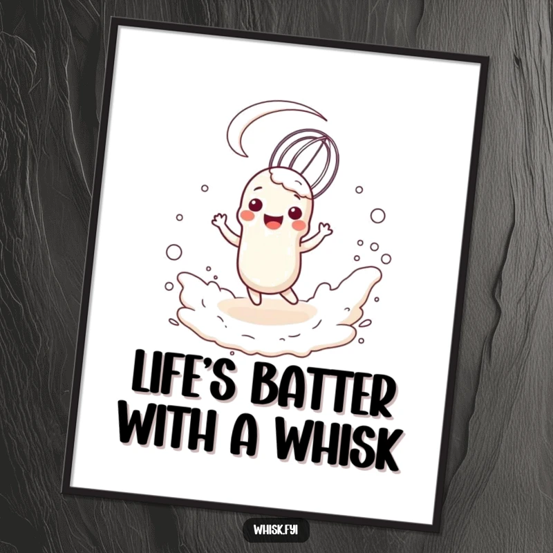 Funny Free Printable Wall Art: Happy anthropomorphic whisk character twirls playfully in a cloud of flour, kitchen decor.
