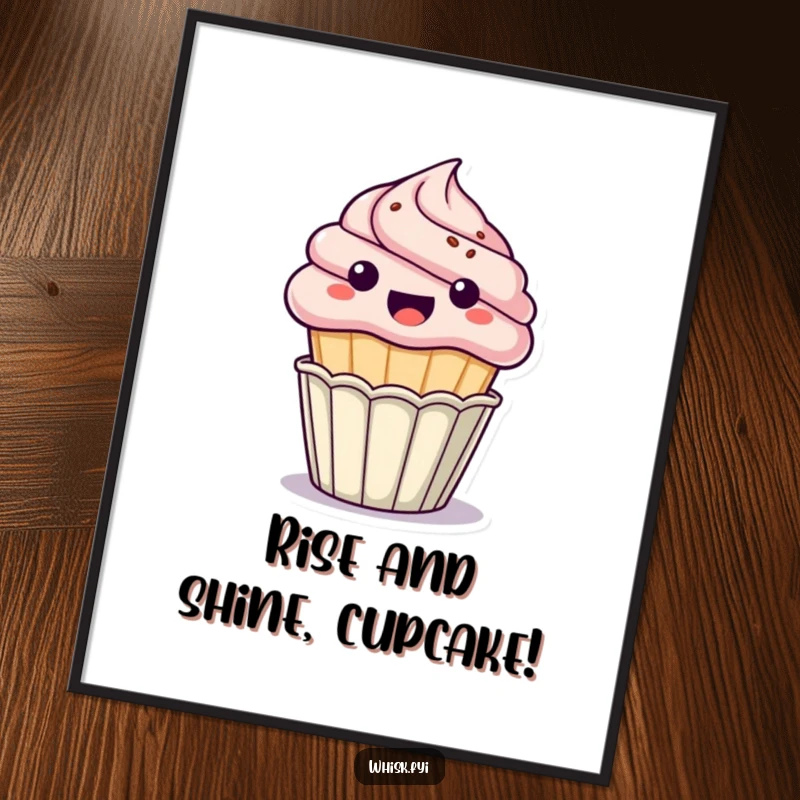 Free Printable Wall Art: A super excited kawaii cupcake pops energetically out of its paper cup, bringing joy and humor.