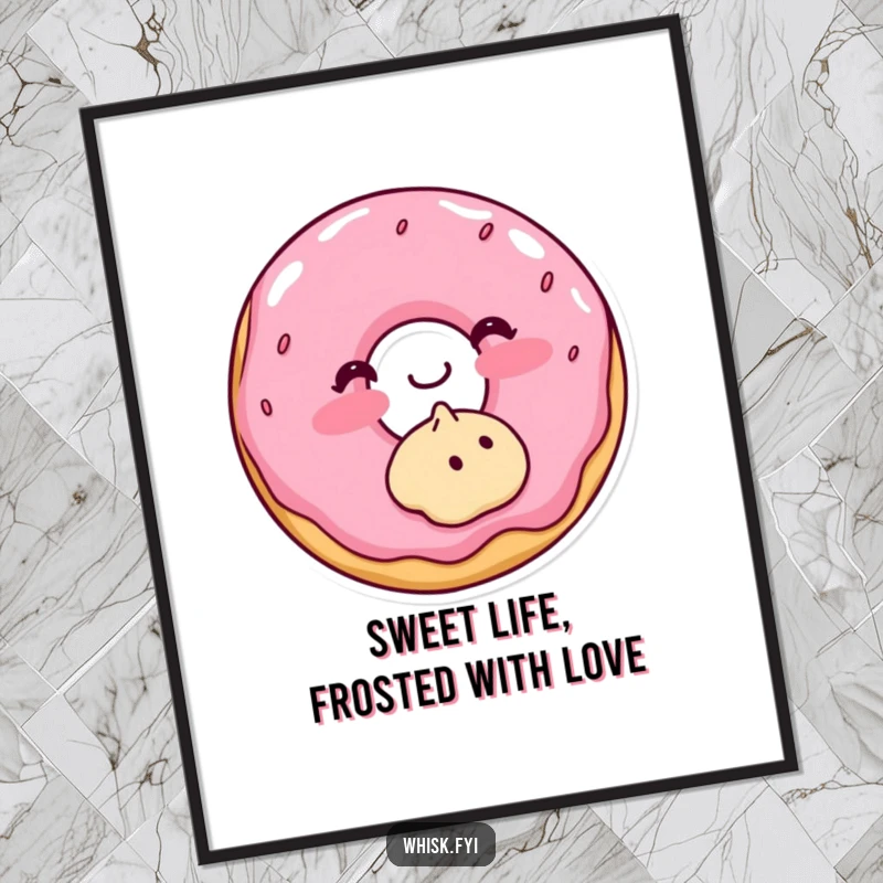 Funny free printable wall art of a blushing donut adorably frosting a small cookie, bringing cute humor to decor.