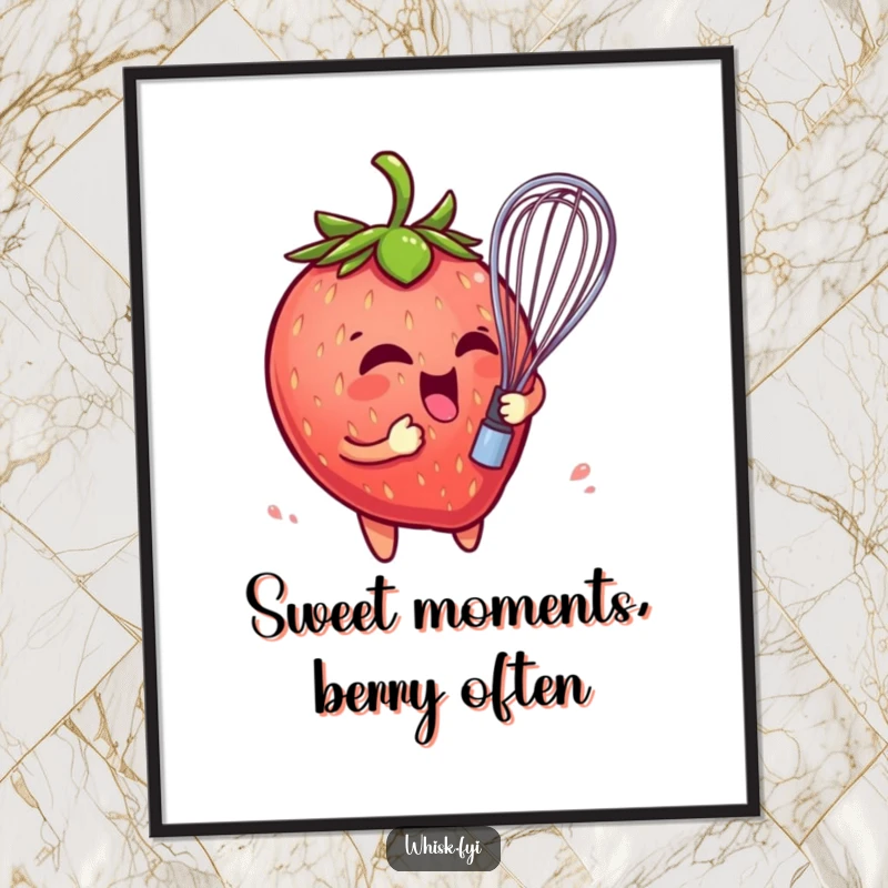 Funny Free Printable Wall Art: Playful strawberry character comically entangled in a whisk, bringing berry sweet, humorous charm to your decor.