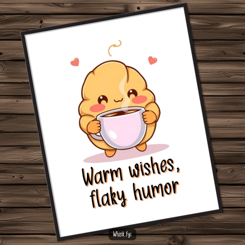 Funny Free Printable Wall Art: A blushing croissant character offering a steaming cup of coffee, evoking warmth and comfort.