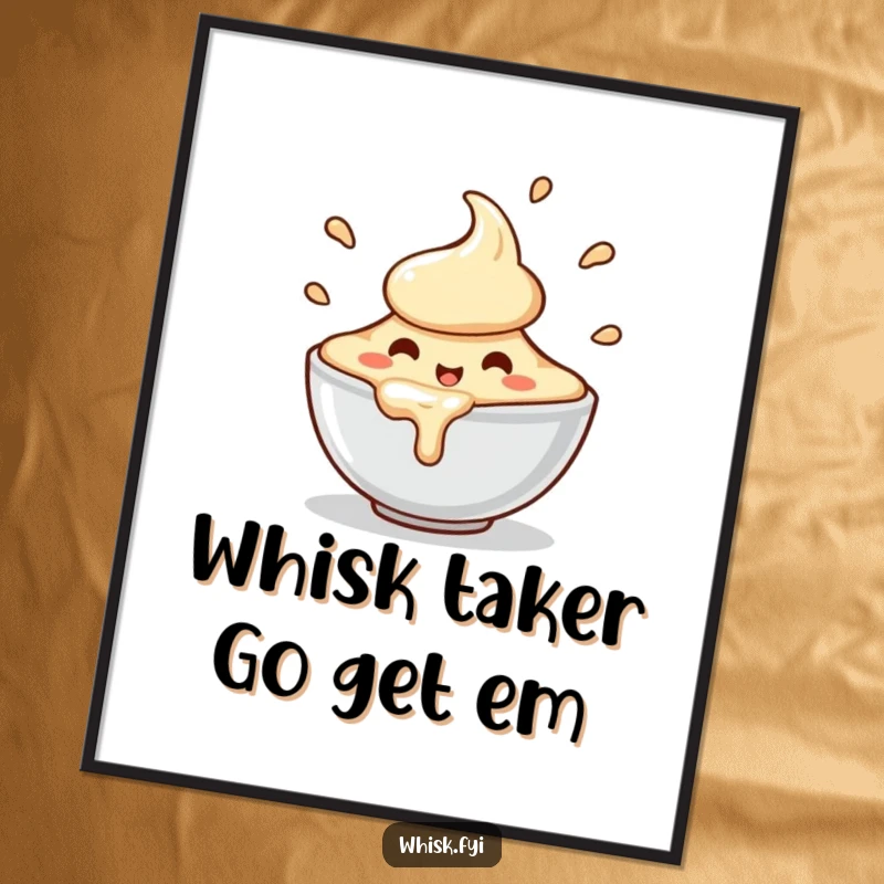 Funny free printable wall art of a charming, happy bowl of batter character spilling slightly with exuberant, motion-filled enthusiasm.