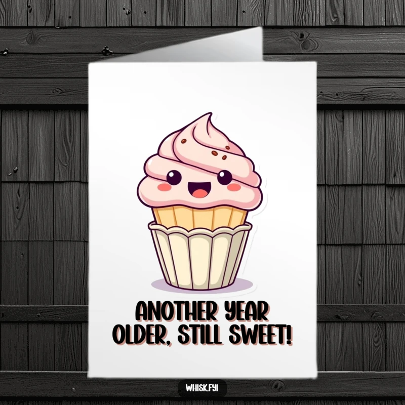 Funny Free Printable Birthday Card: Adorable kawaii cupcake pops out of its wrapper with pure excitement, ready to party.