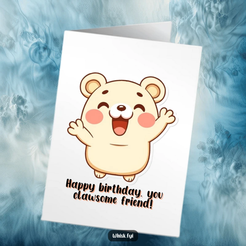 Funny Free Printable happy bear claw pastry giving a delighted cheer for a birthday card, joyful and humorous downloadable art.