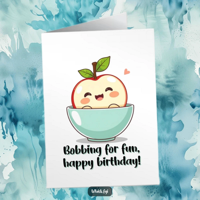 Funny Free Printable Birthday Card: A kawaii apple joyfully bobs with excitement inside a blue bowl, celebrating a fun-filled birthday, ready to print.