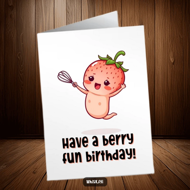 Funny Free Printable Birthday Card: A kawaii strawberry performs an energetic cartwheel, whisk in hand, ready for party fun.