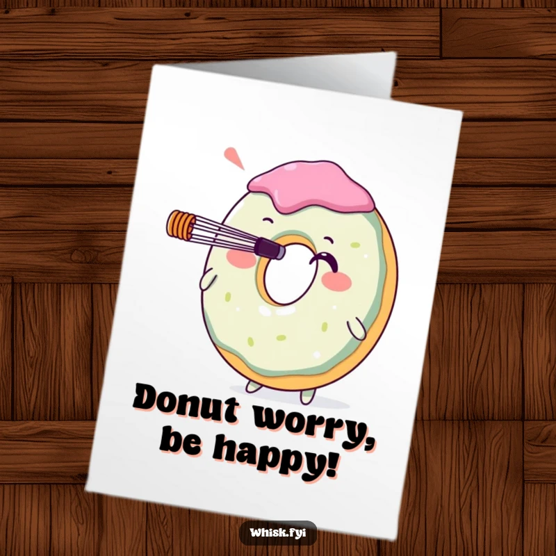 Funny free printable birthday card: A smiling donut in mid-air balancing a whisk on its nose, ready to party.