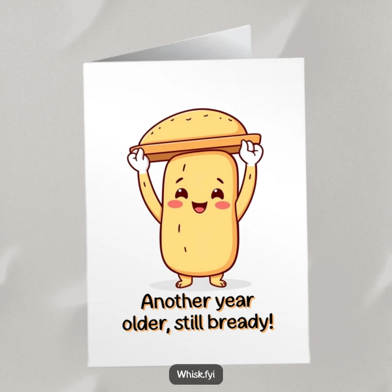 Funny free printable birthday card featuring a proud baguette character triumphantly holding a baking sheet.