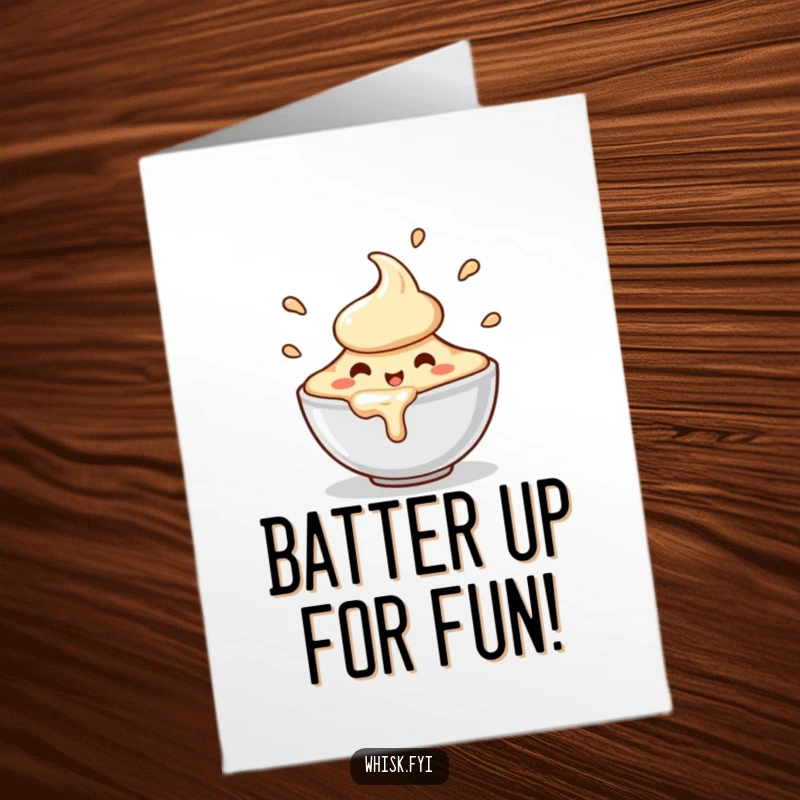 Funny free printable birthday card of a happy, charming bowl of batter character enthusiastically spilling slightly with joyful motion.