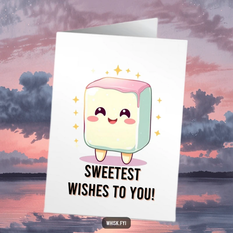 Funny free printable birthday card of a radiant, smiling sugar cube character sparkling brightly after having being happily mixed.