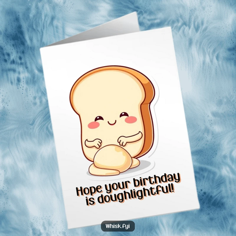 Funny Free Printable Birthday Card: Smiling bread slice joyfully kneads dough with tiny hands, celebrating.