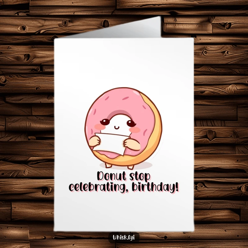 Funny Free Printable Birthday Card: Determined donut carefully folds parchment paper, planning a celebration.