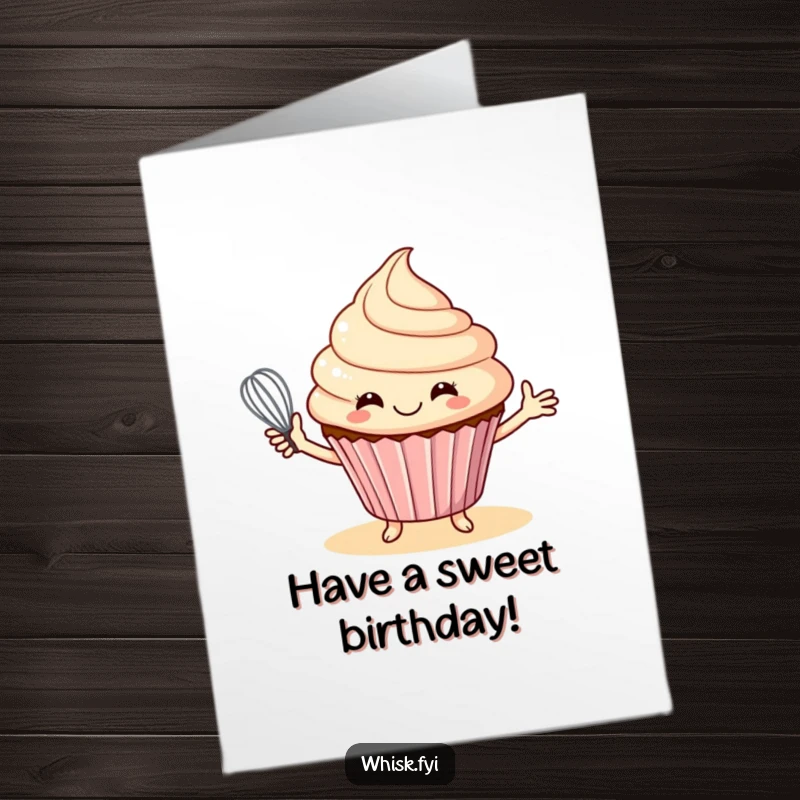 Funny Free Printable Birthday Card: A smiling cupcake with outstretched arms offering a baking whisk.