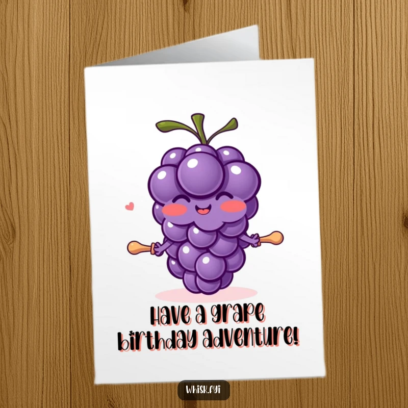 Funny Free Printable Birthday Card: A blushing purple grape character joyfully rolls out dough with a small pin.