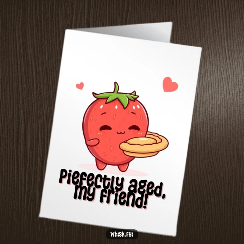 Funny free printable birthday card of a shy, blushing strawberry character nervously presenting a perfectly baked pie with a smile.