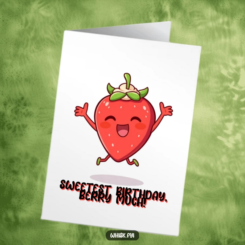 Funny Free Printable Birthday Card: A thrilled strawberry doing a happy dance with cream, celebrating a birthday. Sweet downloadable gift.