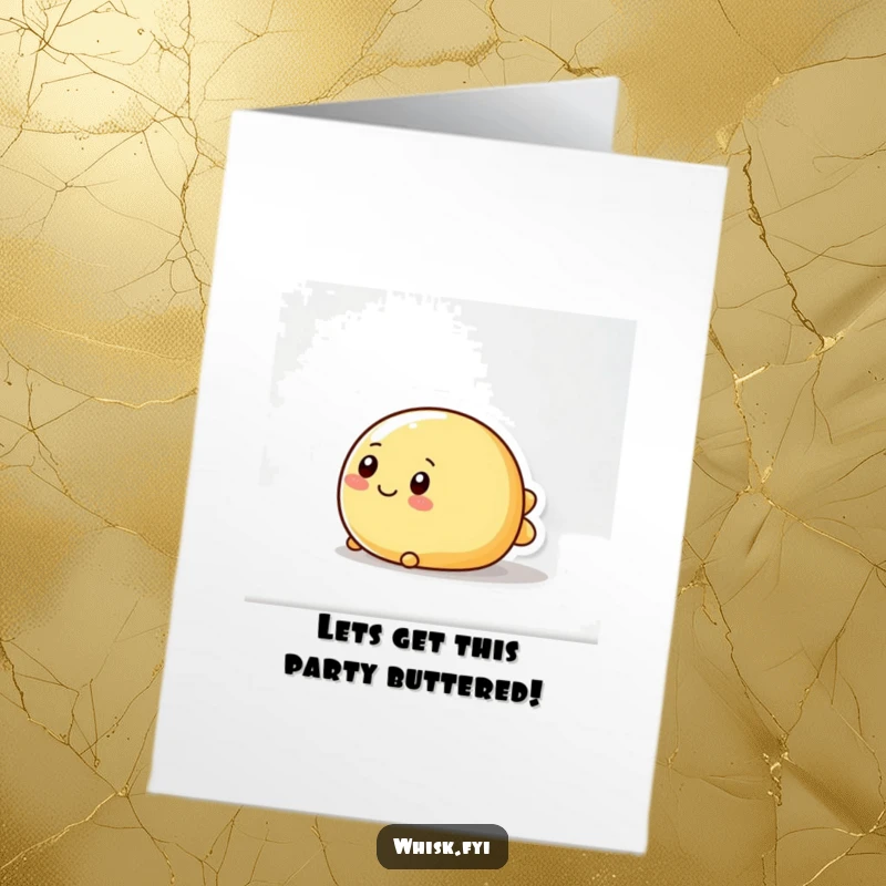 Funny free printable birthday card of a wobbly, round butter character happily sliding with glee across a shiny, smooth surface.