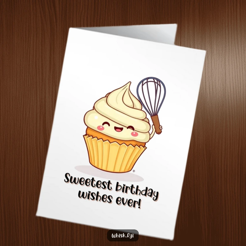 Funny free printable birthday card: A cheerful cupcake joyfully swirls batter with a whisk, celebrating baking and birthdays.