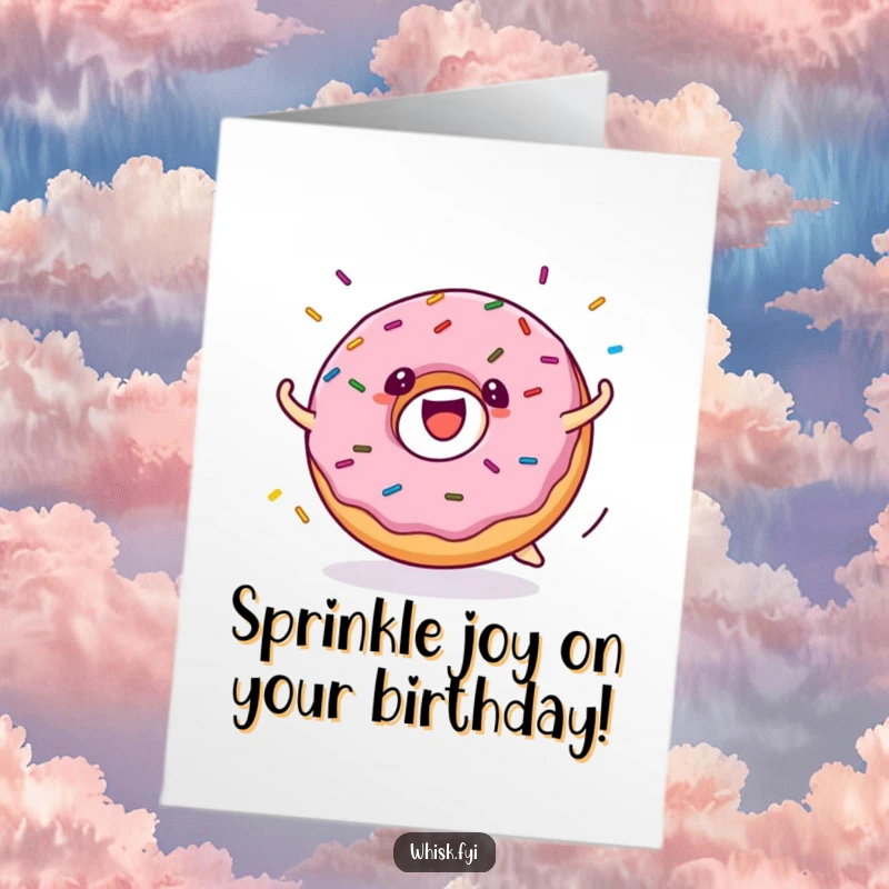 Funny Free Printable Donut Birthday Card: a cheerful donut character rolling ecstatically with sprinkles flying everywhere.