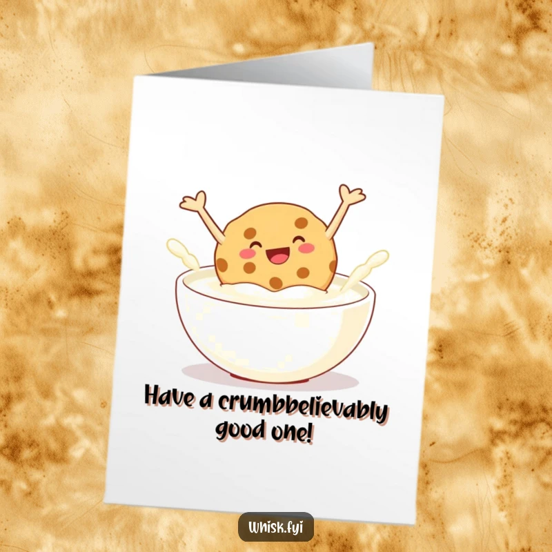 Funny Free Printable Birthday Card: Giggling cookie joyfully jumping into a bowl of milk, ready for a birthday toast.