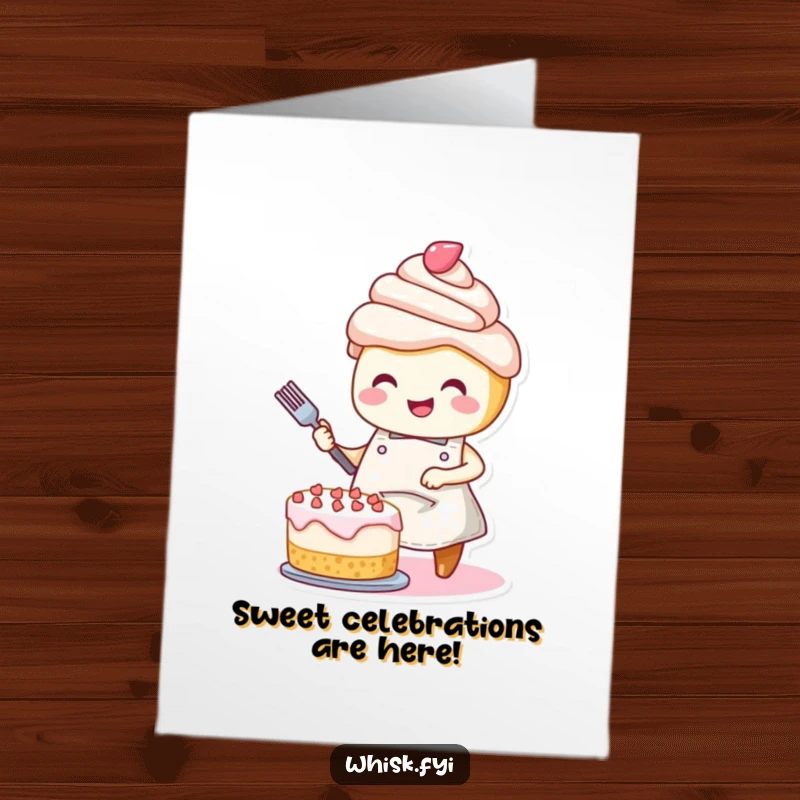 Funny Free Printable Birthday Card: A smiling cupcake in an apron joyfully decorates a cake, ready for birthday festivities.