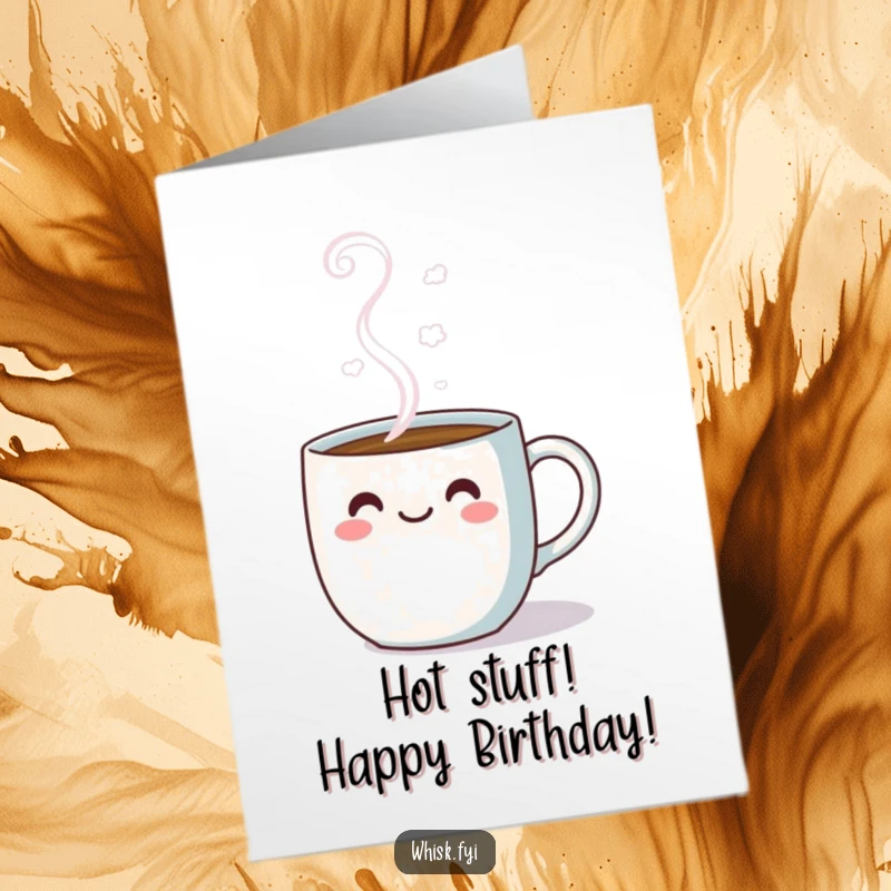 Funny Free Printable Birthday Card: Kawaii coffee mug steaming happily, perfect for a cheerful greeting.