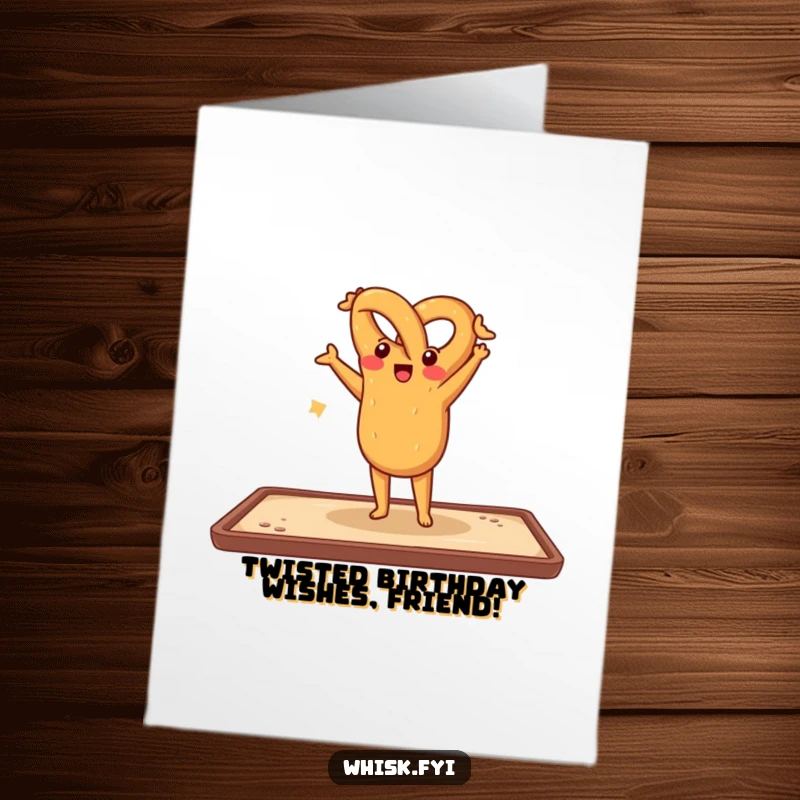 Funny Free Printable Birthday Card: Cheerful pretzel doing a handstand on a baking sheet, celebrating with a twist.