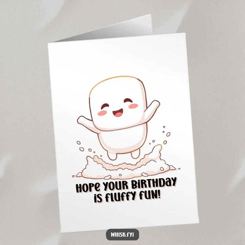 Funny Free Printable Birthday Card: Giggling white marshmallow character happily jumping into a cloud of flour, baking fun.