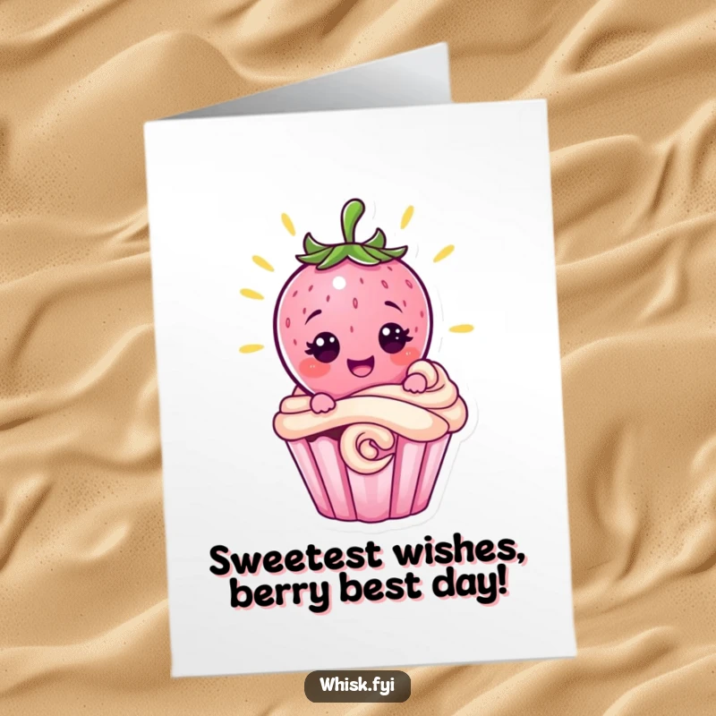 Funny Free Printable Birthday Card: Pink strawberry character proudly adding swirl to cupcake, sweet and festive DIY gift.