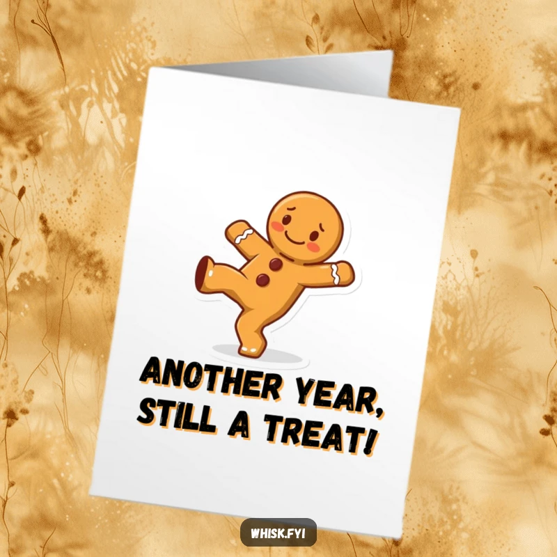 Funny Free Printable cheerful gingerbread man doing a cartwheel for a birthday card, energetic and humorous downloadable art.