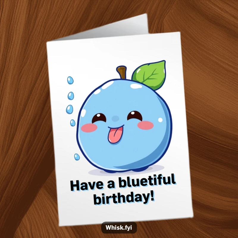 Funny Free Printable Birthday Card: Cheerful blue blueberry character catching a falling sprinkle with its tongue, playful celebration.