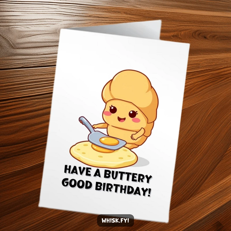Funny free printable birthday card: A smiling croissant expertly flips a pancake with a spatula, celebrating breakfast and birthdays.