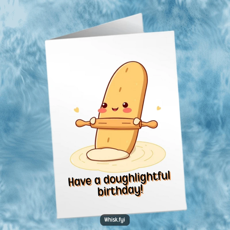 Funny Free Printable Birthday Card: A gleeful baguette joyfully rolling dough with a tiny rolling pin, perfect for foodie birthdays.