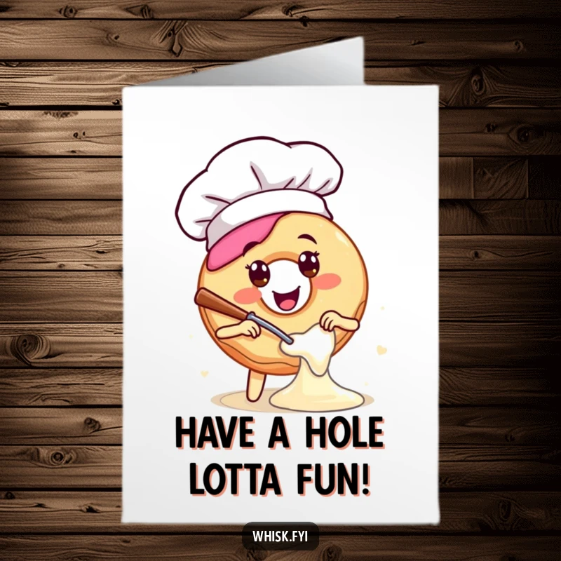 Funny Free Printable Birthday Card: Happy donut wearing a chef hat, enthusiastically mixing batter with a cheerful, sugary smile.