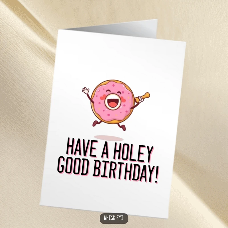 Funny Free Printable Birthday Card: Joyful donut character leaping with a rolling pin.