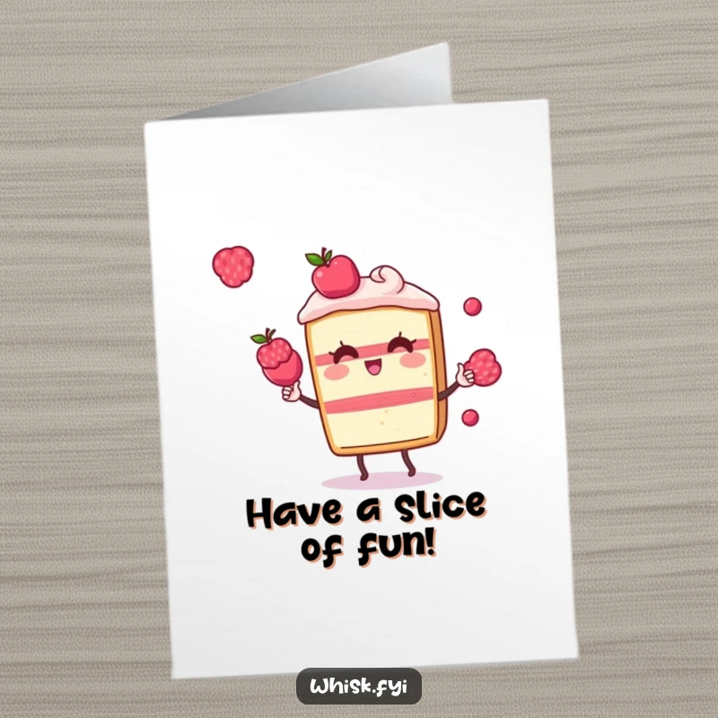 Funny Free Printable Birthday Card showing a playful Kawaii cake slice character skillfully juggling small red berries, adding cheer.