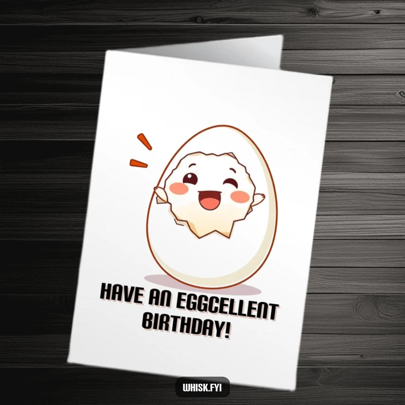 Funny Free Printable Birthday Card: A happy egg character joyfully cracks itself open with an exuberant exclamation of pure birthday delight.