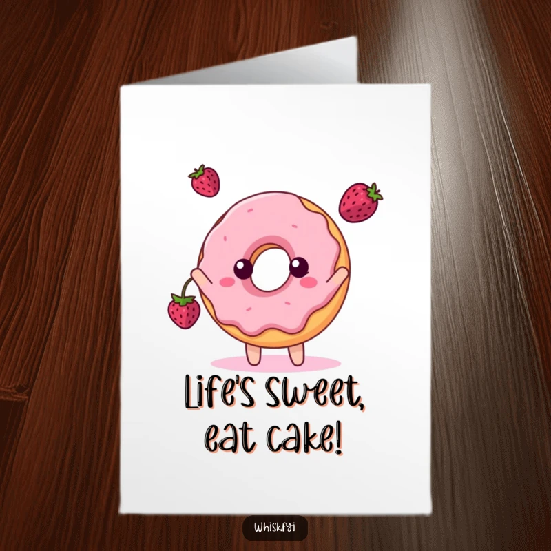 Funny Free Printable Birthday Card: A cheerful donut character gleefully tosses a small berry high into the air with pure playful abandon.